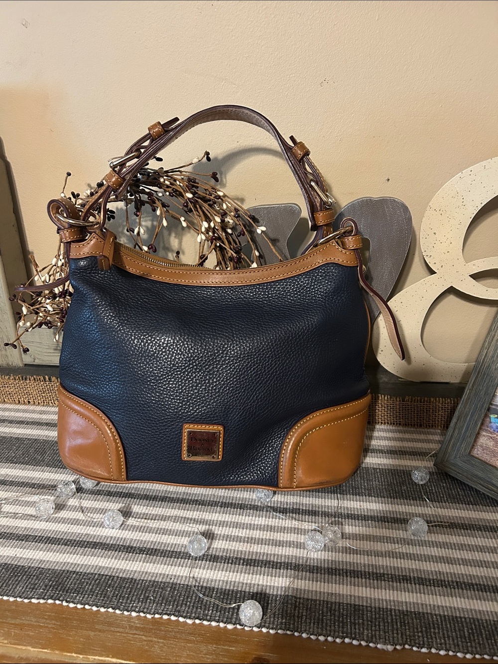 Dooney & Bourke Navy with Brown Trim Pebbled Leather Shoulder Bag